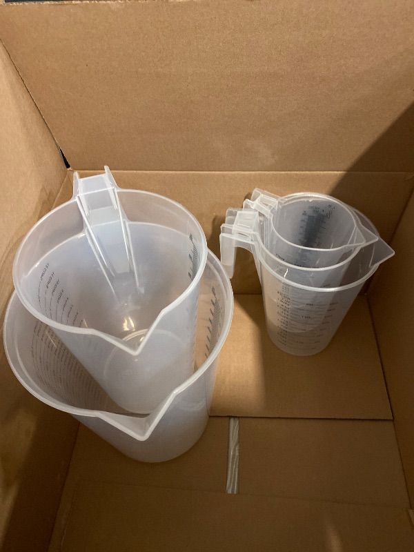 Photo 1 of TCP Global 5 Piece Set of Plastic Graduated Measuring and Mixing Pitchers - 500, 1000 Quart, 2000, 3000, 5000 ml Gallon Sizes - Pouring Cups, Measure & Mix Paint, Resin, Epoxy, Kitchen Cooking Baking