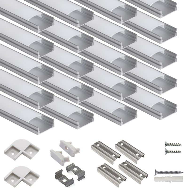 Photo 1 of hunhun 20-Pack 3.3ft/1Meter U Shape LED Aluminum Channel System with Milky Cover, End Caps and Mounting Clips, Aluminum Profile for LED Strip Light Installations, Very Easy Installation