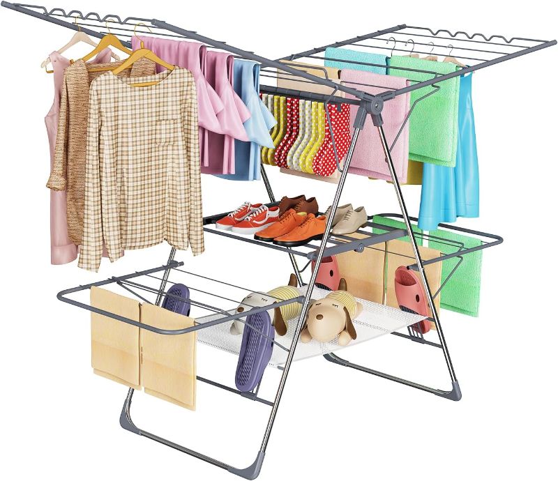 Photo 1 of Clothes Drying Rack, Foldable 2-Level Laundry Racks for Drying Clothes Rack,Stainless Steel Drying Rack Clothing Collapsible for Indoor Outdoor,with Height-Adjustable Wings,33 Drying Rails,Gray
