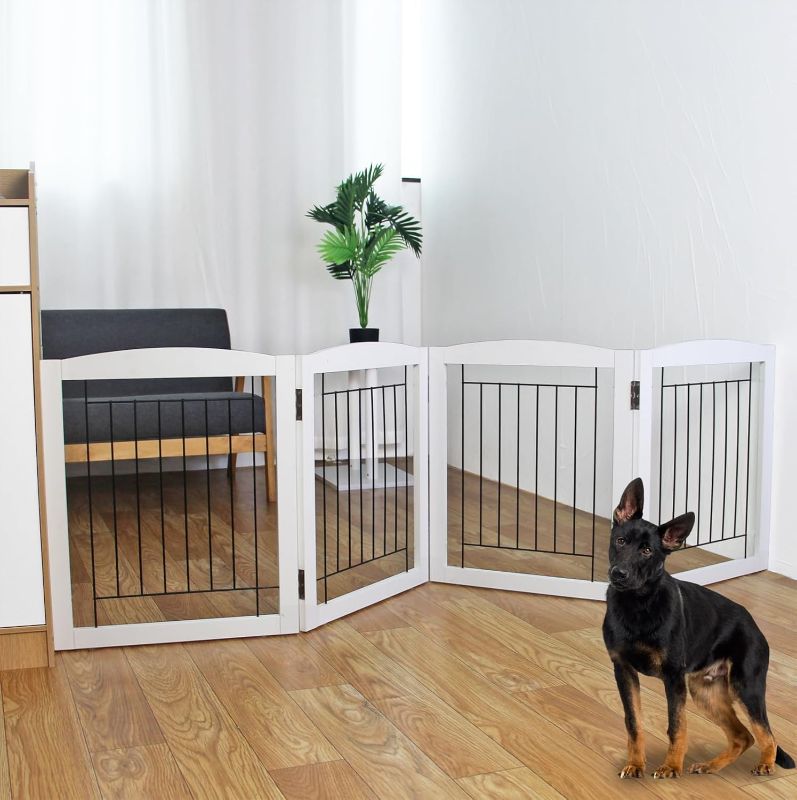 Photo 1 of ZJSF Freestanding Foldable Dog Gate for House Extra Wide Wooden White Indoor Puppy Gate Stairs Dog Gates Doorways Tall Pet Gate 4 Panels Fence