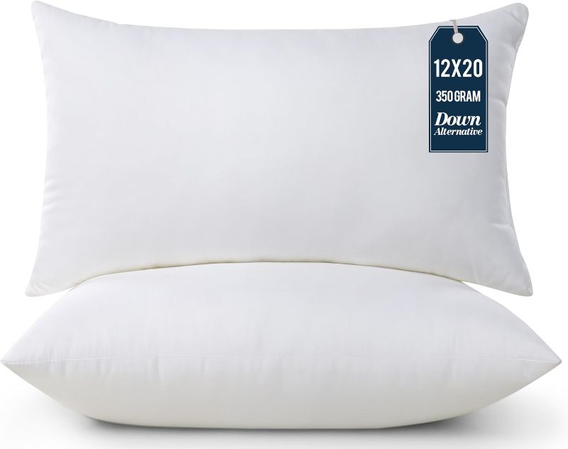 Photo 1 of  Bedding Throw Pillows (Pack of 2, White), 12 x 20 Inches Indoor Decorative Pillow Insert for Sofa, Bed and Couch