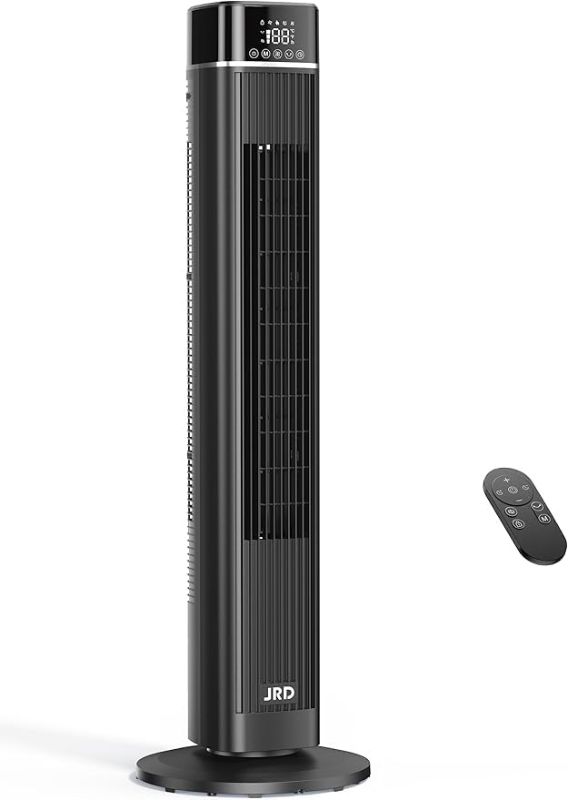 Photo 1 of JRD Tower Fan, 90° Oscillating Fans with Remote, 40'' Quiet Cooling Fan with 3 Speeds,4 Modes,12H Timer, LED Display, 27ft/s Velocity, Bladeless Standing Fan Floor Fan for Bedroom Home Office Indoor