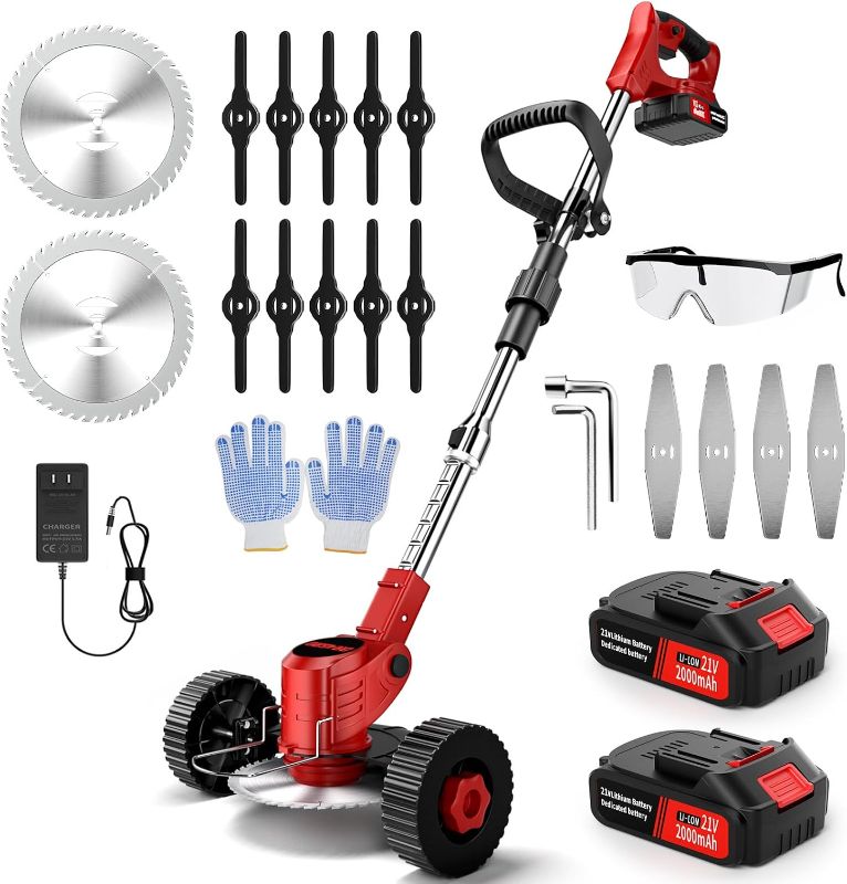 Photo 1 of Cordless Electric Weed Wacker, 21V Battery Powered Weed Wacker with 3 Types Blades&2x2.0Ah Battery, Foldable Lightweight Weed Trimmer/Stringless Grass Trimmer/Brush Cutter with for Garden Yard