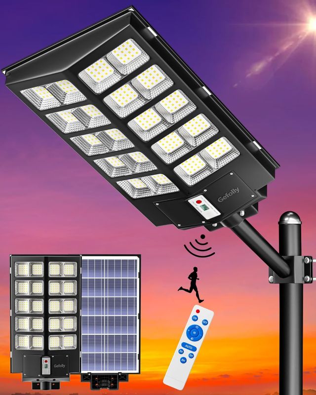 Photo 1 of Gefolly SL-5200W Solar Street Lights Outdoor, 520000LM Commercial Parking Lot Light, 6500K Dusk to Dawn IP67 Security Flood Lights Motion Sensor Led Lamp for Basketball Court, Road, Yard