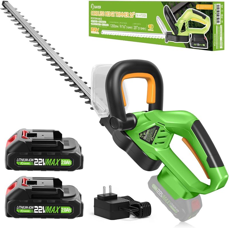 Photo 1 of Saker Cordless Hedge Trimmer, 20” 22V Electric Bush Trimmer Handheld Shrub Trimmer, Lightweight Hedge Clippers with Dual-Action Blades, 9/16" Cutting Capacity, 2 Batteries and Charger Included