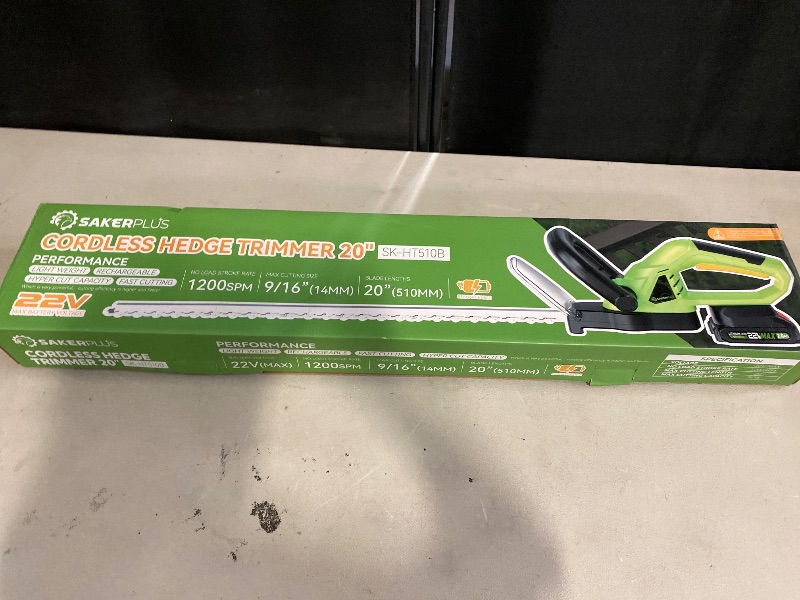 Photo 1 of Saker Cordless Hedge Trimmer, 20” 22V Electric Bush Trimmer Handheld Shrub Trimmer, Lightweight Hedge Clippers with Dual-Action Blades, 9/16" Cutting Capacity, 2 Batteries and Charger Included