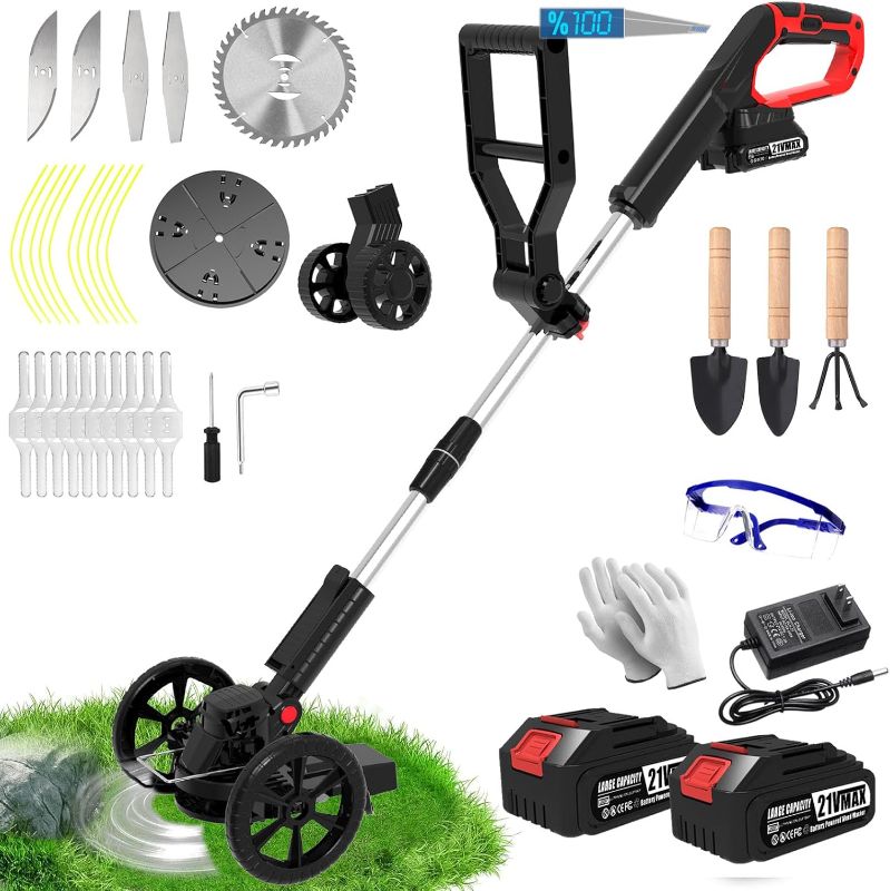 Photo 1 of Electric  Wacker Eater Battery Powered,Cordless Weed Trimmer with 2 21V/2.0Ah Battery Operated & Charger & 90Min Runtime, 5 Blades for Thick Weeds/Edging/Mowing for Garden Yard -Black