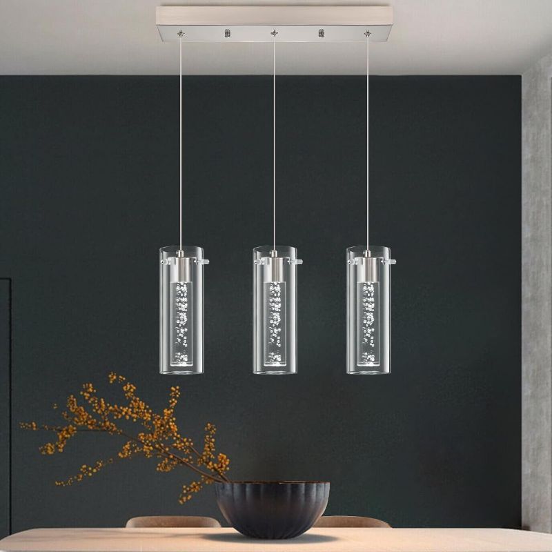 Photo 1 of Modern Glass Cylinder Pendant Light with LED Bubble Acrylic, Integrated LED Dining Room Light Fixture Linear Chandelier, 3-Light, Brushed Nickel, 6000K 20W