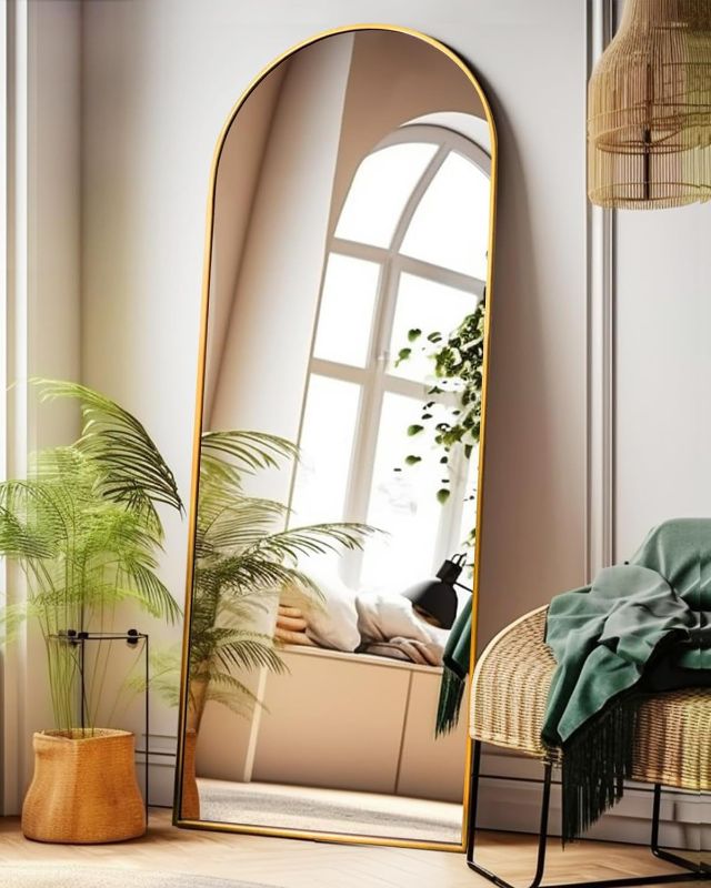 Photo 1 of 58"x18" Arched Full Length Mirror - Gold Freestanding Floor Mirror for Bedroom, Living Room, Dressing Room - Elegant Arch Design, Wall Mount or Standing, Lightweight & Shatterproof