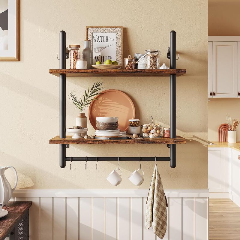 Photo 1 of Bestier 24" Floating Kitchen Shelves Wall Mounted 2 Tier Coffee bar Shelves with 8 Hooks, Industrial Wall Shelf for Kitchen, Living Room Bedroom, Rustic Brown