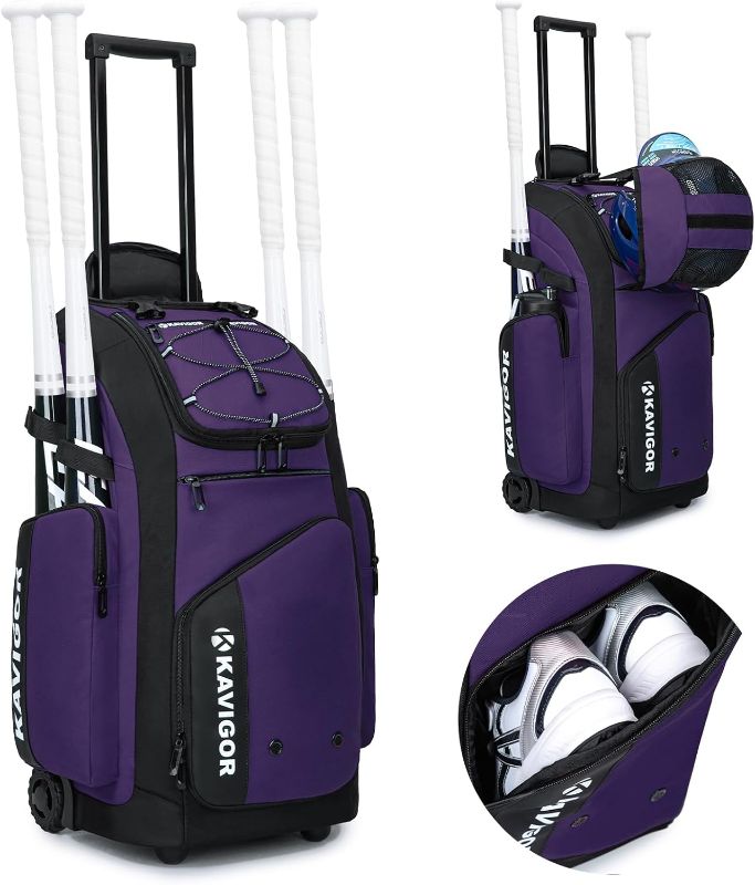 Photo 1 of Rolling Baseball Bag with Wheels, 60L Capacity Softball Bag Holds 4 Bats for Boys and Girls, Youth Equipment Bag with Shoe Compartment