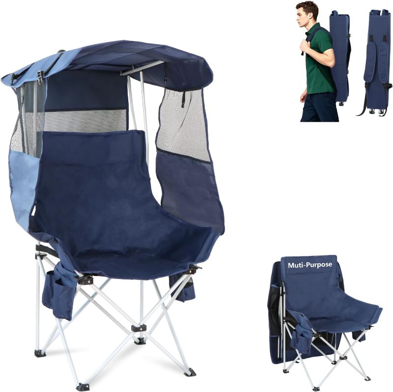 Photo 1 of Folding Camping Chairs Canopy Outdoor: Sports Portable Beach Chair with Canopy-Lawn Beach Chairs with Umbrella for Adults-Camping Chair with Shade for Fishing Camp Heavy Duty (Regular, Navy Blue)
