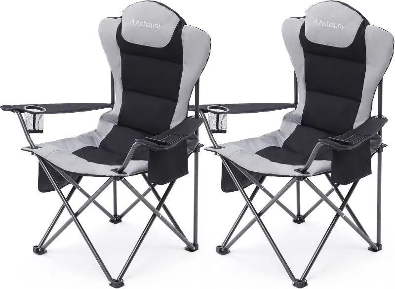 Photo 1 of 2 Pack Camp Chairs for Heavy People, Outdoor Folding Camping Chairs with Cup Holder & Cooler Bag for Outside Supports up to 300lbs (2 Pcs, Black)