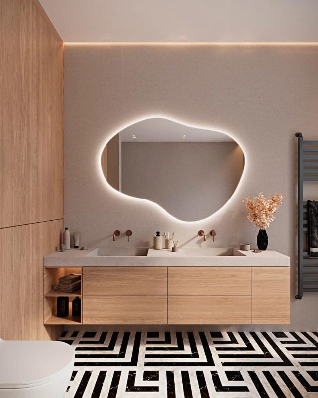 Photo 1 of LED Wall Mirror - Asymmetrical Illuminate Mirror - Frameless Irregular Vanity Mirror with Light for Bathroom Bedroom Living Room (Cool Light, 35.4'' x 24.8'' / 90 x 63 cm)
