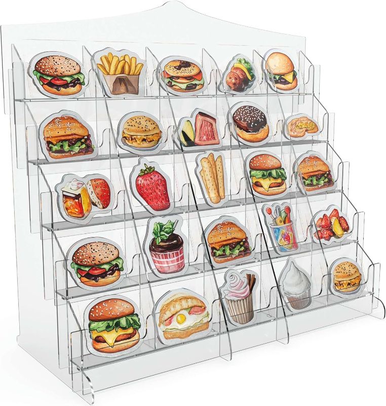 Photo 1 of Acrylic Sticker Display Stand with Curved Pockets for Big 4'' Stickers- Brochure Holder with Customizable Space - On the Go Display Stands for Vendor Events - Ideal for Small Business Vendors (Large)