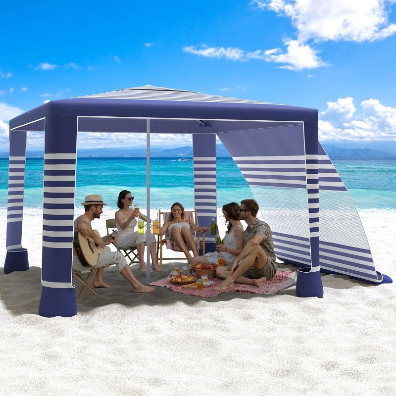 Photo 1 of MoKo Beach Cabana, 8'×8' Large Beach Canopy with Side Wall, UPF 50+ Protection Easy Setup Beach Tent Sun Shelter, Adjustable Height Wind Resistant Cabana Beach Tent for Whole Family, Navy Stripes