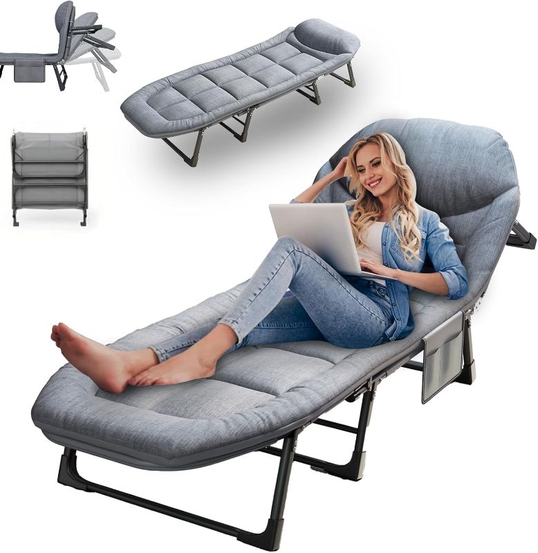 Photo 1 of Lounge Chair, Folding Cot, 6-Angle Adjustable Camping Cot with Mattress for Patio and Beach, Foldable Bed Portable Heavy Duty Lay Flat Reclining with Pillow (Gray, L - 71'')