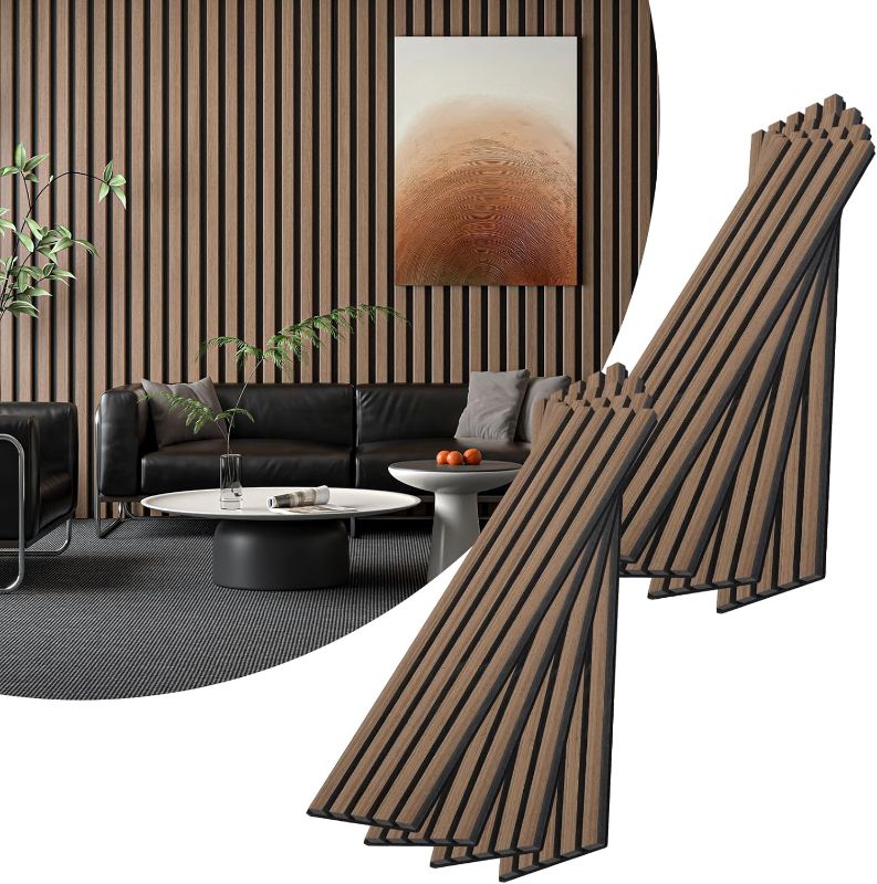Photo 1 of 8-Piece Wood Slat Acoustic Panels for Stylish Interior Decor & Noise Reduction - 47.2" x 7.87" 3D Solid Wood Wall Panels for Ceiling and Wall, Covers 20.66 Sq Ft, Walnut