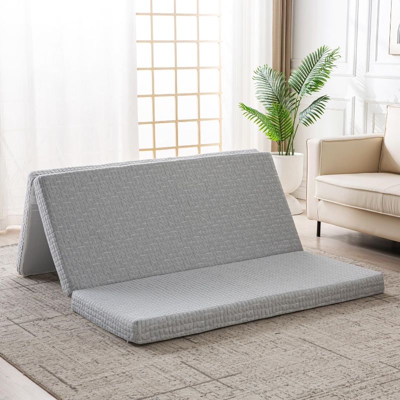 Photo 1 of Foldable Mattress, 4 Inch Memory Foam Guest Floor Mat, Tri Folding Portable Mattress for Kids and Adults, Washable Cover, Non-Slip Design, Single Size (25.2" L x 74" W x 4" Th), Grey