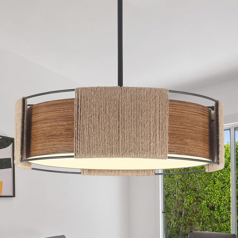 Photo 1 of 19.7'' Rattan Chandelier, 4-Light 2-Layer Shade Chandelier Rustic Rattan and Metal Wood Grain Round Pendant Kitchen Island Lighting Hanging Drum Chandeliers for Dining Room Foyer Entryway Living Room