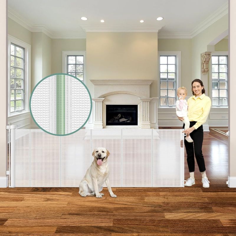 Photo 1 of Reinforced 120 Inch Retractable Baby Gates Extra Wide Baby Gate with Reinforced Strips Indoor/Outdoor No Wrinkle Retractable Dog Gate for Doorway No Sag Outdoor Pet Gates for Wide Openings, White