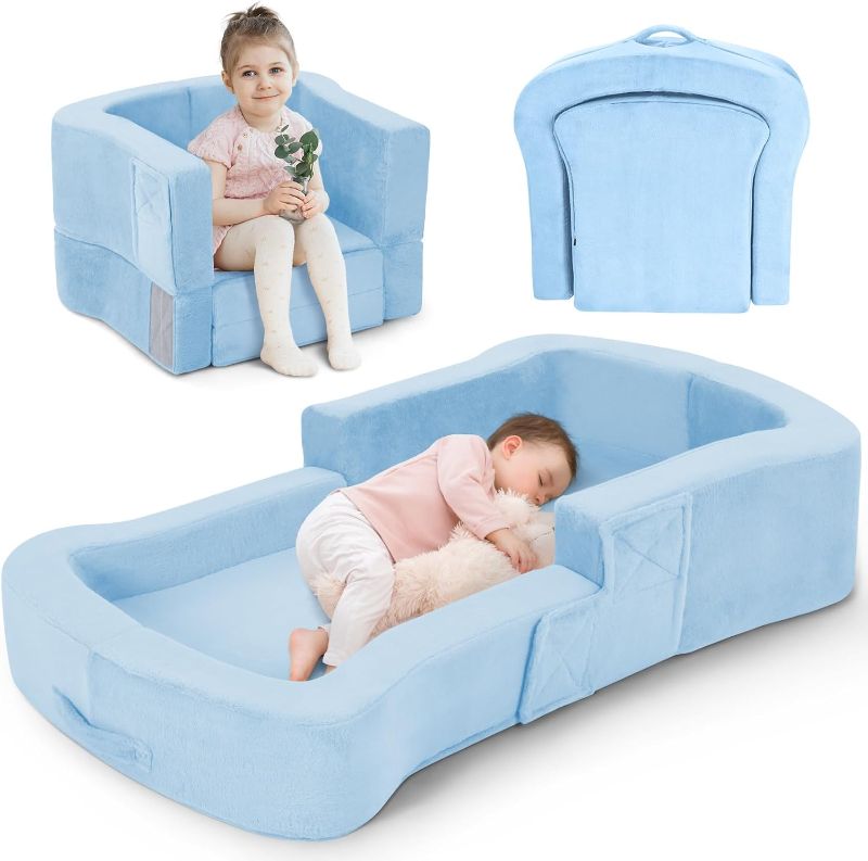 Photo 1 of Toddler Travel Bed, 2-in-1 Foldable Portable Toddler Bed Sofa Chair, Soft Baby Kids Travel Floor Cot with Washable Covers Safety Foam Raised Bumper for Camping Hotel Sleeping (Blue)