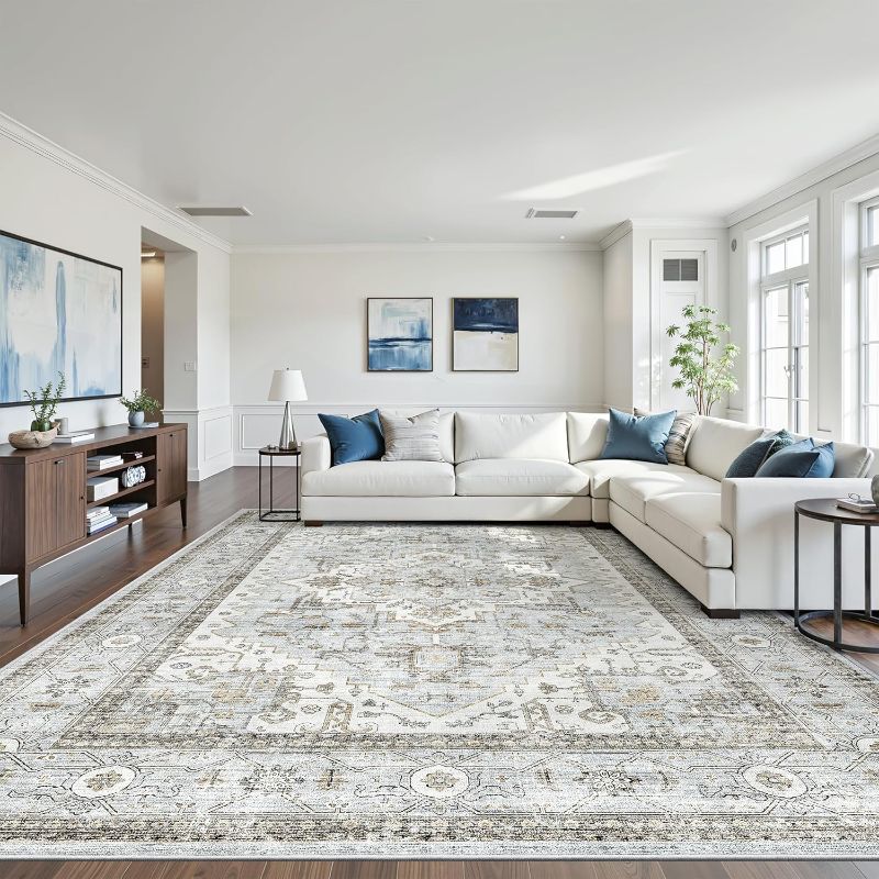 Photo 1 of Area Rugs for Living Room - 9x12, Boho Non-Slip Low Pile Carpet Machine Washable Rugs for Bedroom, Farmhouse, Office, Dining Room (Blue)