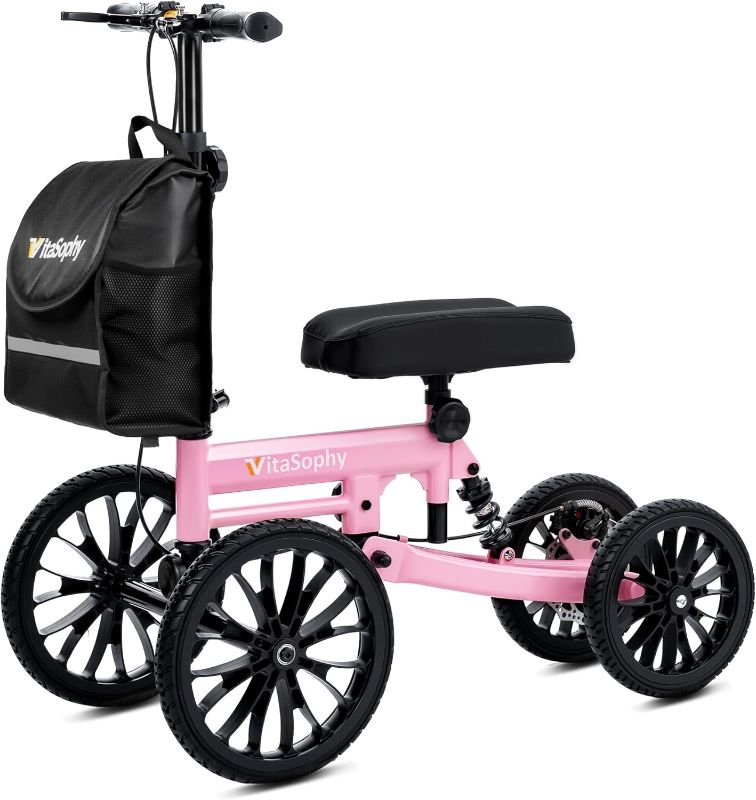 Photo 1 of All Terrain Knee Scooter with Disc Brakes, Steerable Knee Walker for Adults for Foot Surgery, Broken Ankle- Foldable Rover Scooter for Broken Foot Injured Leg Crutch (Pink)