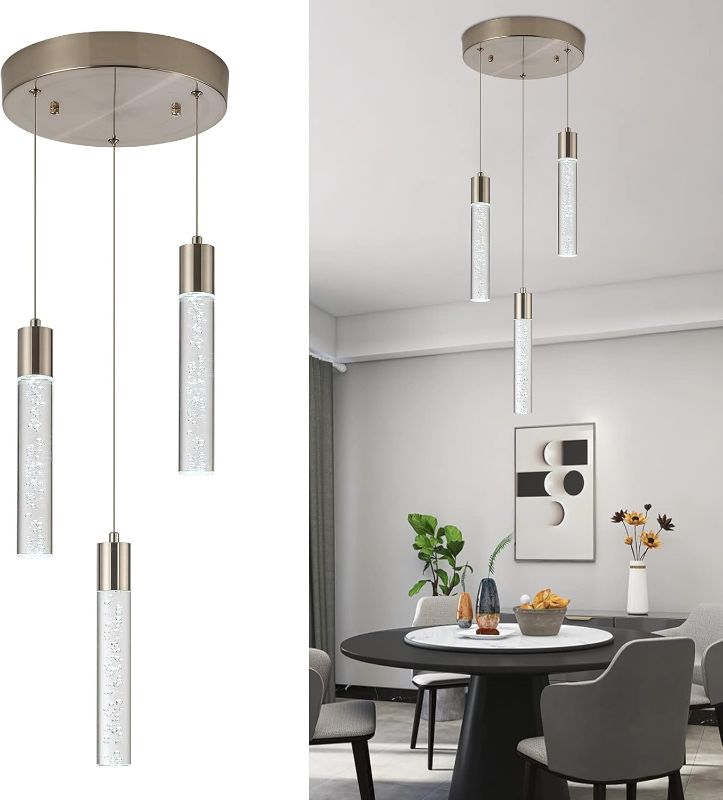 Photo 1 of 3-Light Pendant Light fixtures Satin Nickel Bubble Crystal LED 6000K