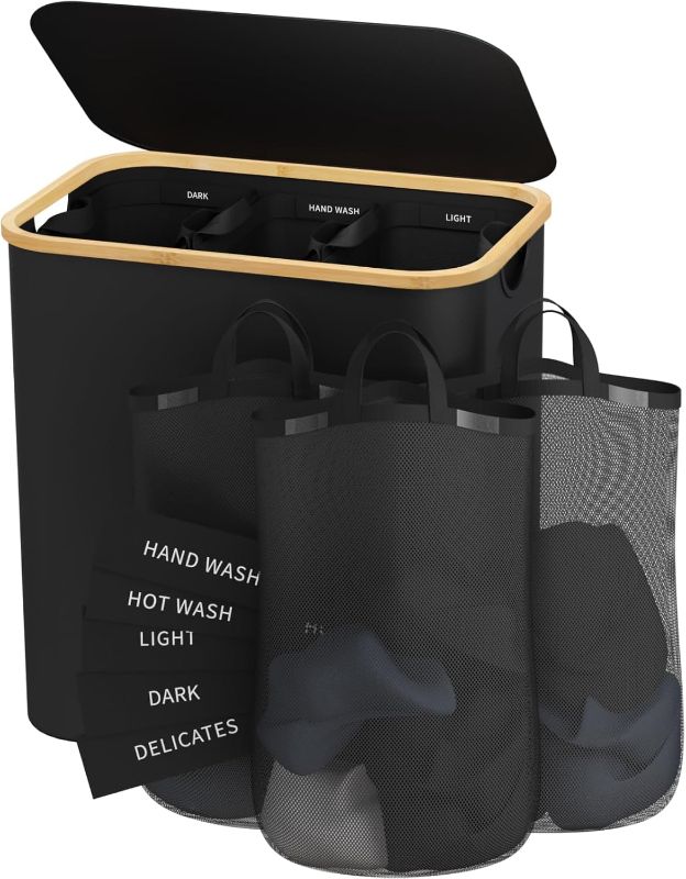 Photo 1 of Laundry Hamper with Lid, 160L Dirty Clothes Hamper for Laundry Basket 3 Section, Extra Large Laundry Sorter Hamper 3 Compartment with Removable Inner Bags & Labels, Black