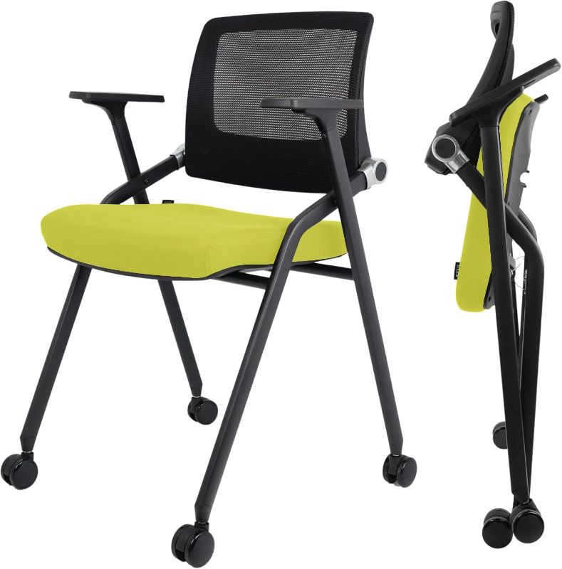 Photo 1 of 2 Pack Foldable Office Chairs with Wheels, Mesh Back, Arms and Portable - Folding Office Chairs for Conference Room Chair, Office Guest & Reception & Meeting Chair - (Green) 300 lbs.