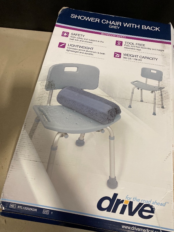 Photo 1 of Drive Medical RTL12202KDR Shower Chair with Back, Adjustable Stool with Suction Feet, Shower Seat for Inside Shower or Tub, Bathroom Bench Bath Chair for Elderly and Disabled, 300 LB Weight Cap, Grey