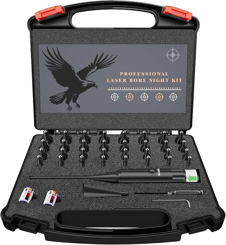Photo 1 of ore Sight Laser Professional Green Laser Bore Sight Kit with 32 Adapters fit 0.17 to 12GA Calibers, Multiple Caliber Green Bright Bore Sighter Laser Powerful Support for All Gun, Rifle, Pistol