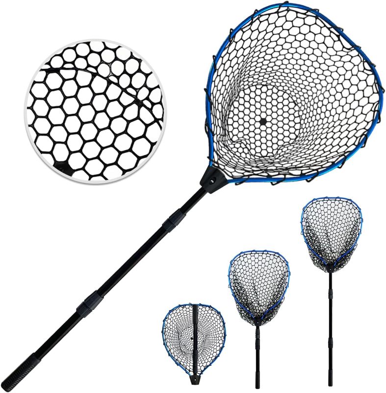Photo 1 of Telescoping Metal Lock Fishing Net Blue Aluminum Alloy Rubber Fish Net - Adjustable Length Lightweight Foldable Large Fishing Net with Handle Collapsible Extendable Fishing Accessories