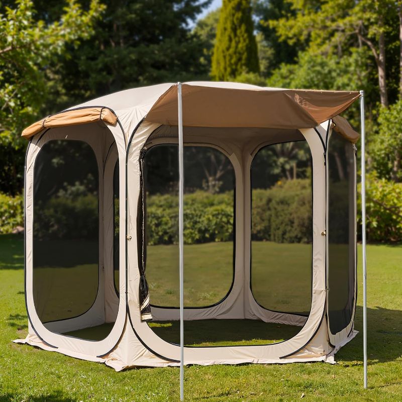 Photo 1 of 12×12 FT Pop Up Canopy Tent with Mesh | Outdoor Screen House with 6 Sunshades | Instant Canopy with Portable Carry Bag | Gazebo Tent for Camping, Patio, and Beach | Beige