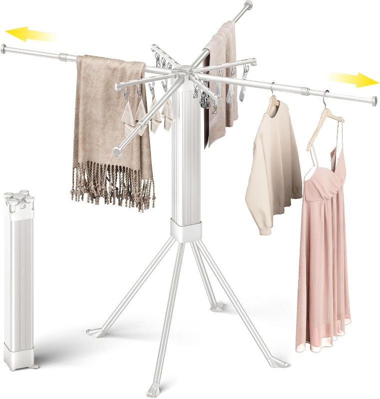 Photo 1 of BIREN Clothes Drying Rack Foldable Extending Laundry Rack with 16 Clips Collapsible Clothing Rack Space-Saving Clothing Racks for Hanging Clothes, Indoor, Camping, Balcony, Outdoor