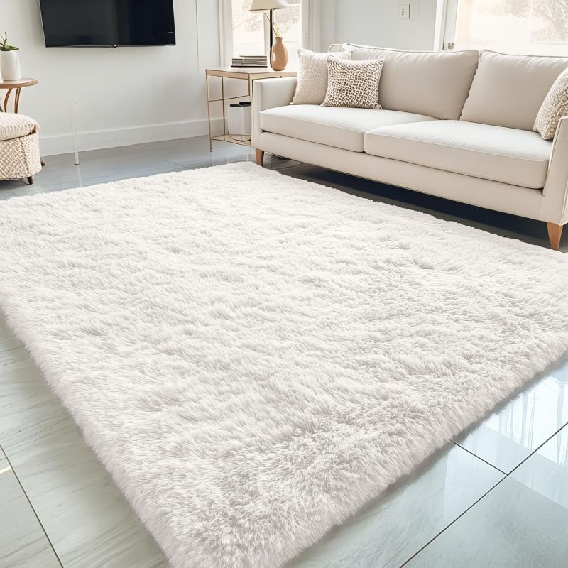 Photo 1 of 5x8 Machine Washable Large Area Rugs for Living Room, Bedroom, Soft Fluffy Shaggy Bedside Rug, Indoor Floor Carpet for Kids Girls and Boys, Dorms, Nursery, Home Decor Aesthetic, Ivory