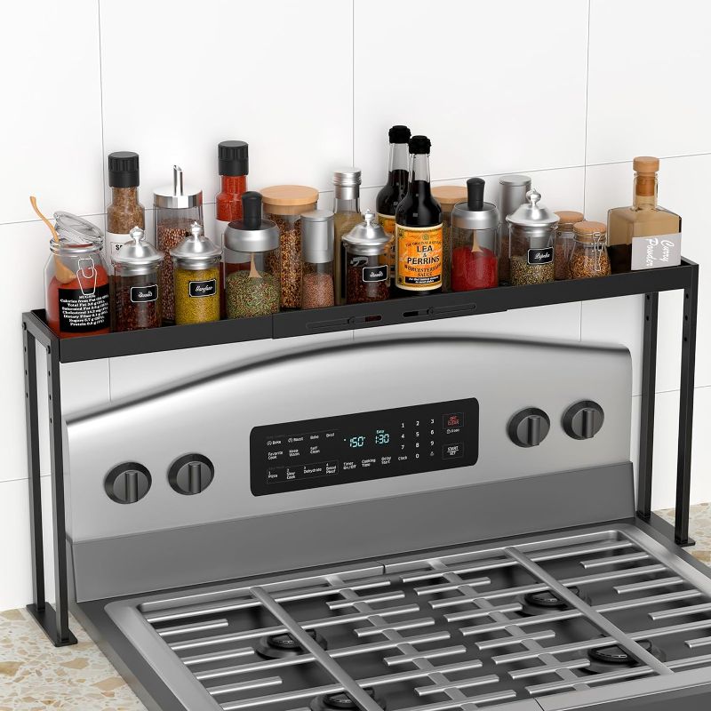 Photo 1 of Spice Rack Shelf for Kitchen Stove, Adjustable 27 to 33 Inch Spice Rack Organizer, 4 Level Adjustable Height Stove Top Shelf for Kitchen, Over the Stove Shelf for Curved Stove, Black