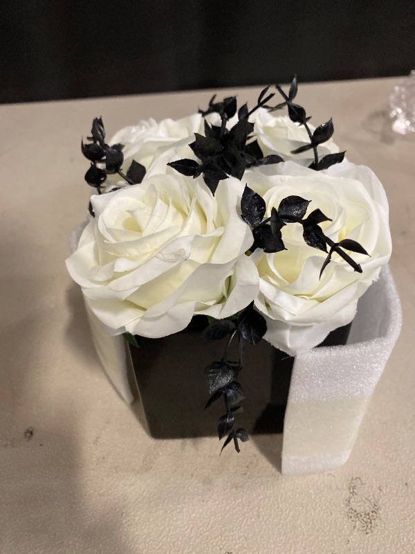 Photo 1 of Artificial Flowers with Small Ceramic Vases, Roses in Vases Plastic Artificial Flowers and Plants,Used for Home Office Wedding Decoration, Table Decoration(White+Black)