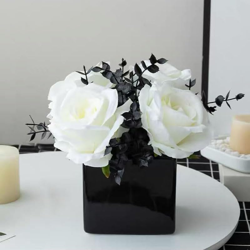 Photo 1 of Artificial Flowers with Small Ceramic Vases, Roses in Vases Plastic Artificial Flowers and Plants,Used for Home Office Wedding Decoration, Table Decoration(White+Black)