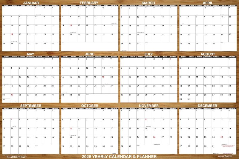 Photo 1 of SwiftGlimpse 2026 Wall Calendar, 24" x 36" Designer Series, Large, Erasable, Yearly Wall Planner (Bamboo)