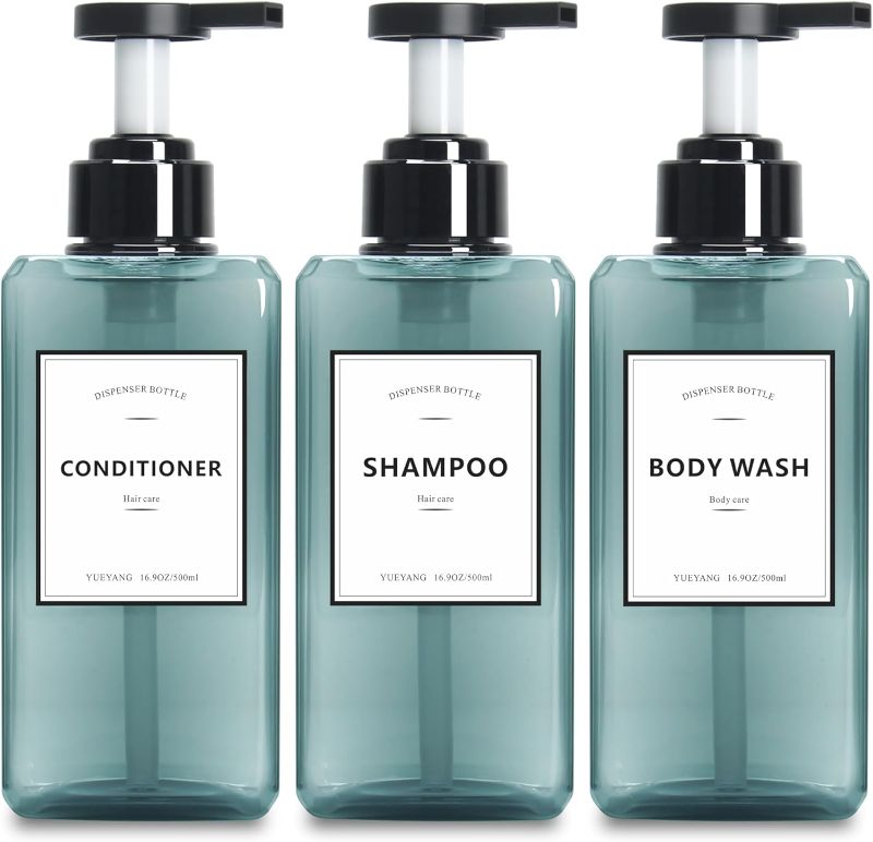 Photo 1 of Soap Dispenser for Bathroom,Set of 3 Pump Shower Dispenser Bottles,Blue Clear 16.9oz Dish Soap Dispenser for Kitchen,Shampoo Dispenser Bottle