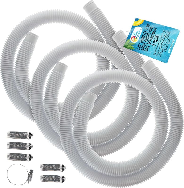 Photo 1 of U.S. Pool Supply Above Ground Pool Hose Replacement 1.25" Diameter x 59" Long, Pack of 3 - White Premium Pool Filter Pump Hoses Compatible with Intex 607, 637 Pumps, 330, 530, 1000 GPH, 6 Metal Clamps
