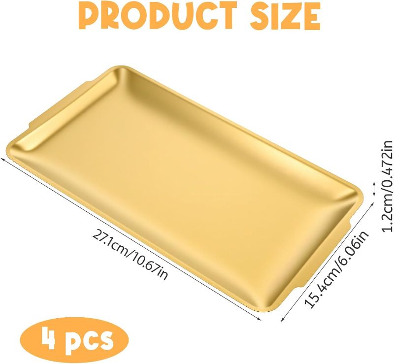 Photo 1 of 4-Piece Gold Serving Trays Set: Luxurious Gold Trays for Decor & Food Display, 10.6"x5.9" Brushed Stainless Steel Platters for Parties & Dining