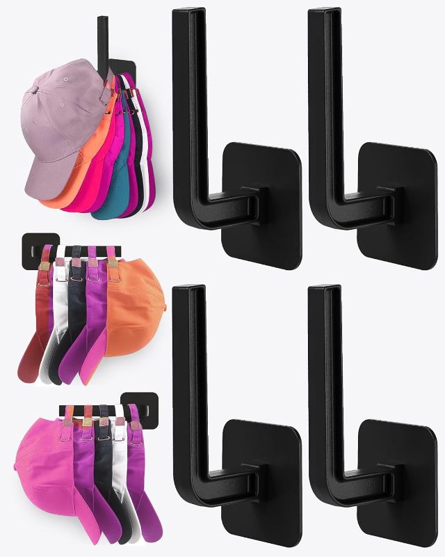 Photo 1 of Hat Rack for Hat Storage (4-Pack), Multi-Purpose Hat Organizer, Strong Adhesive Hat Hooks for Wall Organizer for Baseball Caps, Two Mounting Options Hook, Black