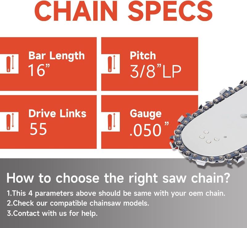 Photo 1 of 2 Pack 16 Inch 3/8" LP Pitch, 050" Gauge, 55 Drive Links Chainsaw Chains S55 for MS170 MS180 C MS193 MS200 for Poulan PLN3516F for McCulloch PM 400