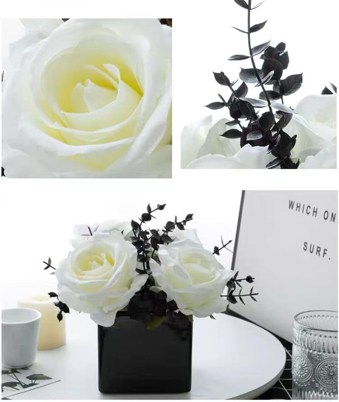 Photo 1 of LADADA Artificial Flowers with Small Ceramic Vases, Roses in Vases Plastic Artificial Flowers and Plants,Used for Home Office Wedding Decoration, Table Decoration(White+Black)