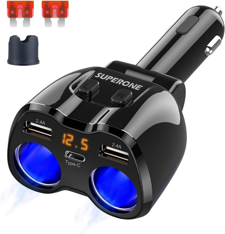 Photo 1 of SUPERONE 2 Socket Cigarette Lighter Splitter 12/24V 80W Dual USB Type-C Adapter Independent Switch LED Voltage Display Replaceable 10A Fuse Compatible Cell Phone GPS Dash Cam
