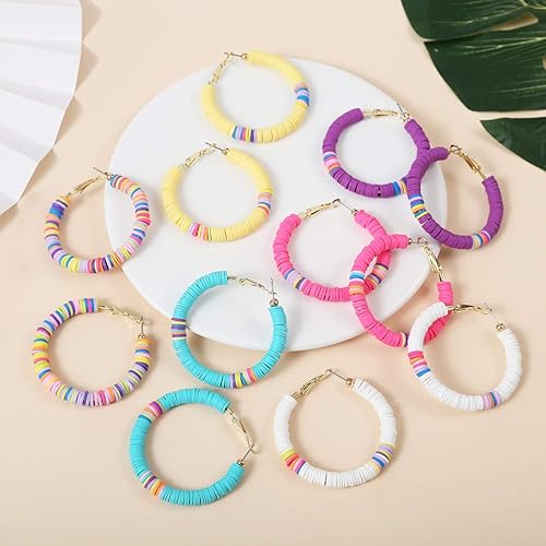 Photo 1 of 4Pairs Rainbow Clay Beaded Hoop Earrings Handmade African Vinyl Disc Beads Earrings Boho Colorful Soft Polymer Clay Loop Earrings Summer Surfer Jewelry for Women Vaction