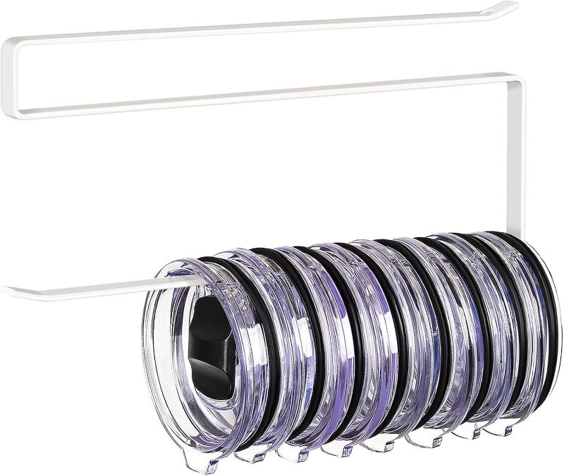 Photo 1 of Tumbler Lid Organizer, Horizontal Tumbler Lid Storage Hook Up to 10 Lids, Space Saving Cup Lid Holders Under Cabinet Tumbler Lid Hook for Kitchen Organizer and Storage, Paper Towel Rack Hanger (White)